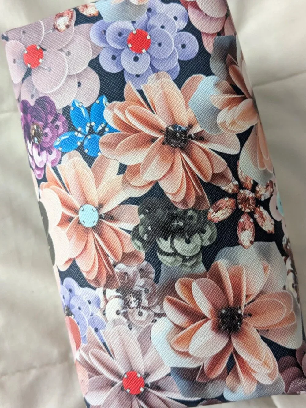 Stella & Dot Cosmetic Travel Pouf Pouch Floral Coquette Print Vegan Leather